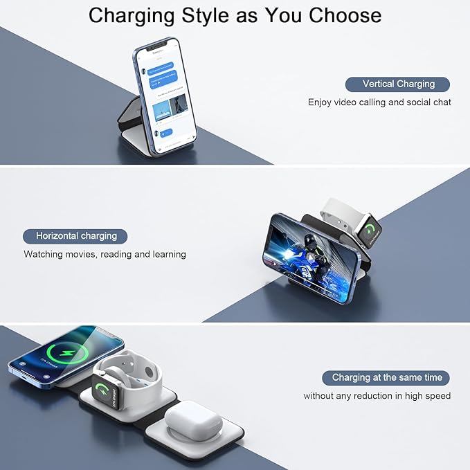Wireless Charger 3 in 1,RTOPS Magnetic Travel Wireless Charging Station Multiple Devices,GaN 3 in 1 Charging Station,Compatible for iPhone16/15/14/13/Pro/Max,iWatch,AirPods4/3/2/Pro(Adapter Includes)