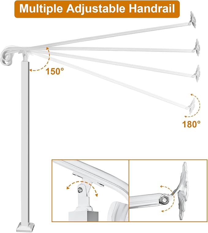 Adjustable Handrail 1-2 Step, Wall&Floor Mounted Wrought Iron Handrails, Handrails for Outdoor Steps, Stair Rail with Installation Kit Hand Rail, White