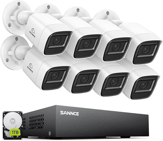SANNCE 1080P Wired Security Camera System, CCTV 8 Channel 5-in-1 DVR with 1TB Hard Drive and 8Pcs Outdoor Day/Night Surveillance Cameras, Easy Remote Access, Motion Detection, 100ft Night Vision
