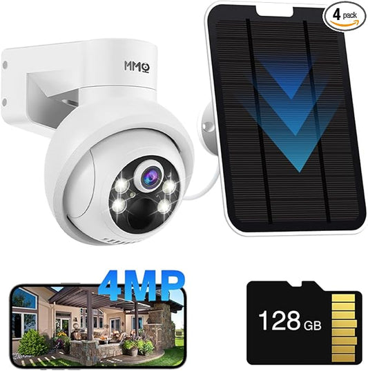 Solar Security Cameras Outdoor, 4MP PTZ Solar Panel for Security Cameras, Battery Powered Wireless Cameras for Home with 128GB Card, PIR Motion Detection, Color Night Vision, Compatible with Alexa