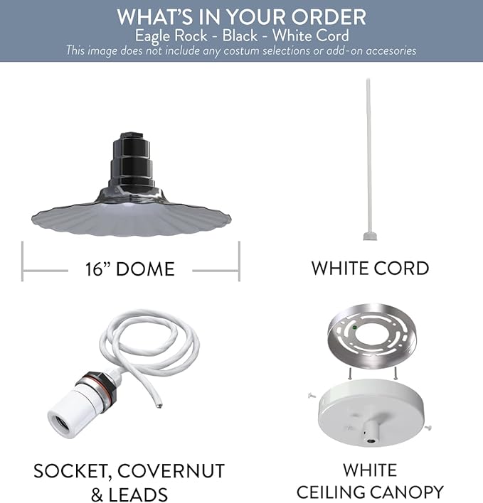 Steel Lighting Co. Eagle Rock Pendant | Ceiling Mounted Light | 16 inch Radial Wave | White Cord | Heavy Duty Steel Retro Farmhouse Style Made in America | Black Exterior/White Interior