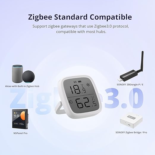 SONOFF Zigbee Indoor Temperature Humidity Sensor, SNZB-02D LCD Zigbee Thermometer Hygrometer, Works with Alexa & Google Home for Remote Monitoring and Home Automation, ZigBee 3.0 Hub Required, 1-Pack