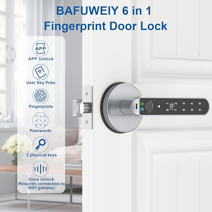 Fingerprint Door Lock, Finger Print Door Knobs Thumbprint Door Knob with App Control/Fingerprints/IC Cards/Codes/Keys, Smart Lock for Bedroom Home Apartment Grey