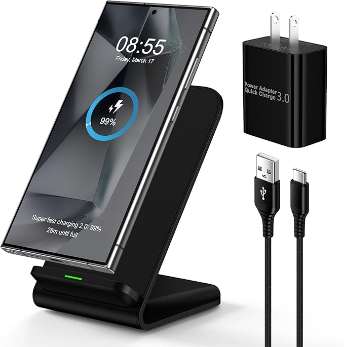 15W Samsung S24 FE Wireless Charger Fast Charging Stand for Galaxy S25 Ultra S24 S23 S22 S21 Z Fold6, for Motorola Wireless Desk Phone Charging Station with QC Adapter for Edge/razr+/Moto G Power 2025