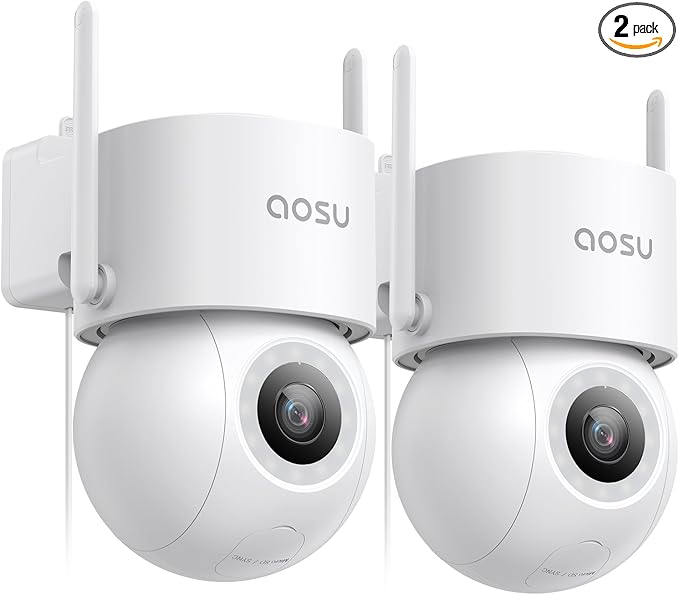 AOSU 2 Pack Wired Security Camera Outdoor - 3K Smart 24/7 Recording WiFi Camera for Home Security w/Sound Light Alerts, 360° View, Auto-Tracking, Camara de Seguridad para Casa (2.4Ghz WiFi Only)