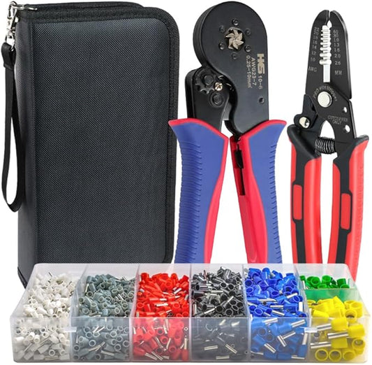 HKS Ferrule Crimping Tool Kit - Hexagonal Ferrule Crimper Plier (AWG 23-7) with Wire Stripper & 1900pcs Wire End-Sleeves Terminals Kit