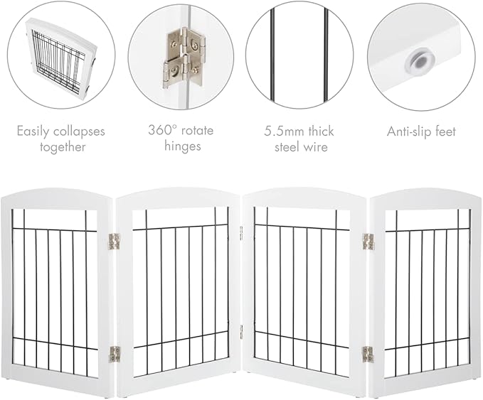 PAWLAND Dog Gate for The Doorways House Stairs Foldable Freestanding Indoor Pet Gate for Dogs Wooden Puppy Safety Fence 80" Wide 24" Height 4 Panels White