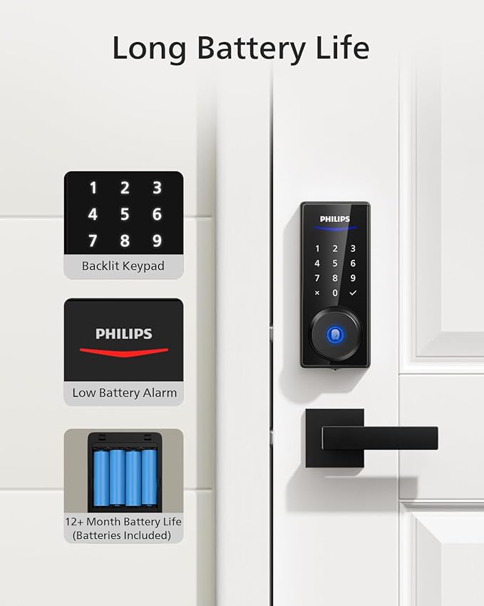 Philips Front Door Lock Set, Electronic Fingerprint Lock with 2 Lever Handles, Keyless Entry Door Lock with Handles, Auto Locking, Fingerprint Unlock, Touchscreen Keypad with Key
