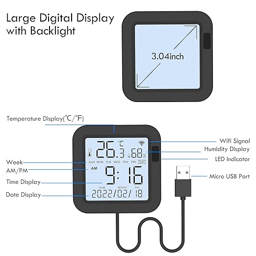 eMylo WiFi Thermometer Hygrometer, Smart IR Remote, Digital Temperature and Humidity Sensor with Backlight, Universal IR Remote Compatible with Alexa and Google Assistant