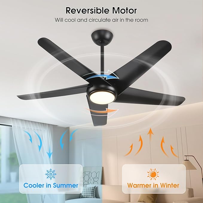 KINDLOV 52 inch Ceiling Fans with Lights and Remote,Outdoor Ceiling Fan with Light,6 Speeds,3CCT,Black Modern Ceiling Fan for Bedroom,Patio,Living Room,Indoor/Outdoor Use