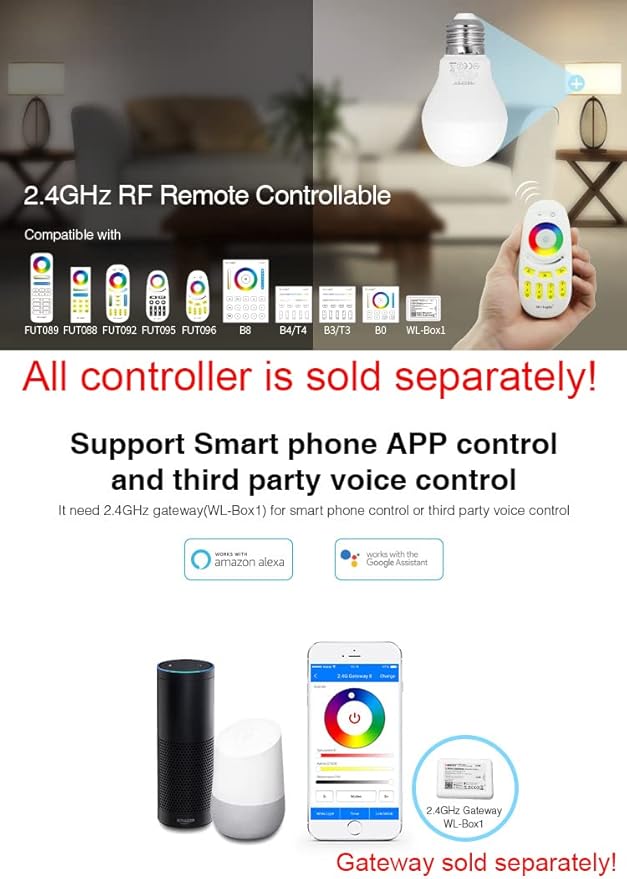 LGIDTECH FUT014 6W WiFi LED 2.4GHz Light Bulb A19 RGB+CCT Color Changing CCT Color Temperature Adjustable,AC100-240V,Memory Function,Smartphone APP Control via Gateway(Excluded)