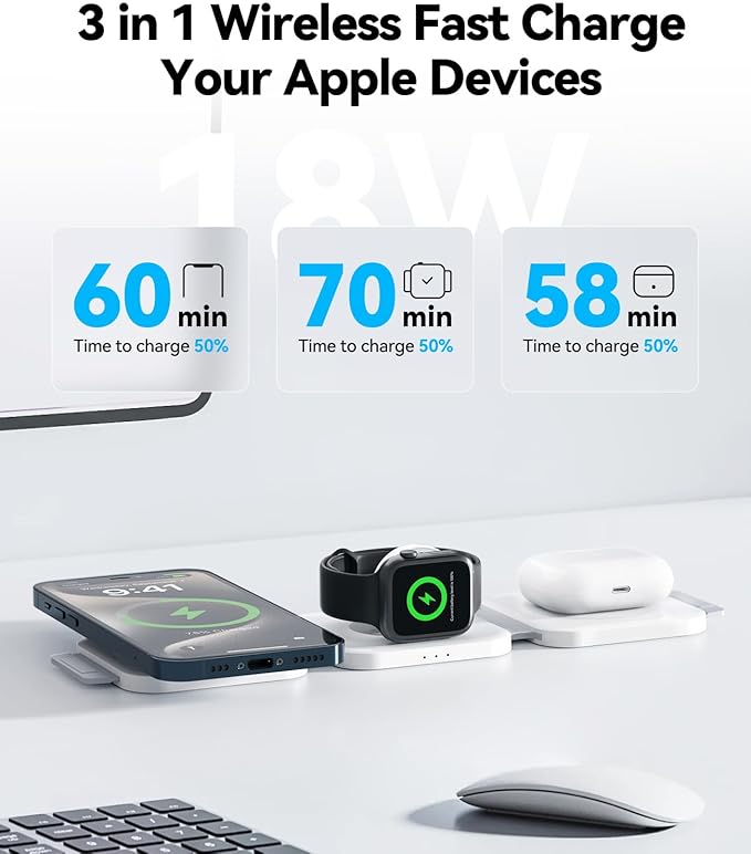 3 in 1 Charging Station for Apple Multiple Devices, Foldable Magnetic Fast Wireless Charger Dock, Travel Charging Pad for iPhone 16 15 14 13 12 Pro Max Plus Apple Watch Series & AirPods 4/3/2/Pro