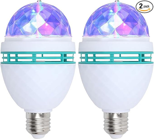 2 Pack Color Rotating Bulb E26 Party LED Bulbs,Multi Crystal Stage Lights for Disco,Color Changing Strobe RGB Bulb,Suitable for Indoor and Outdoor Birthday Parties,Clubs,Bars,Photography