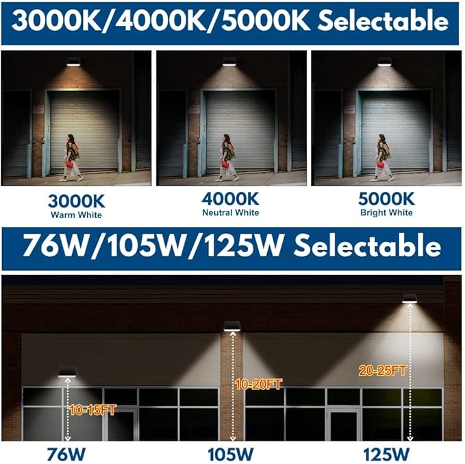 125W/105W/76W Full-Cutoff LED Wall Pack Lights, Selectable Wattage & CCT (5000K/4000K/3000K), LED Wall Light, Energy Efficient, Durable, Outdoor Commercial Wall Pack Light, 20,812LM