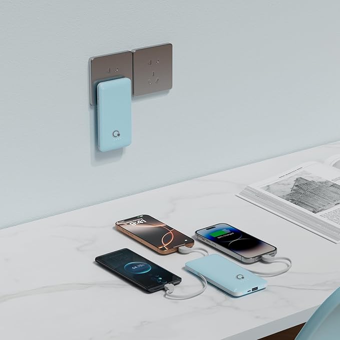 Q 10000mAh Power Bank, Slim Portable Charger,4 Output External Battery Pack with Built-in AC Wall Plug Micro USB C 3 Cables Compatible with iPhone Samsung Android Phone Tablet and More