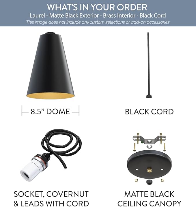 Steel Lighting Co. Laurel Pendant Light | Ceiling Mounted | 8.5 inch Cone Shade | Modern Contemporary Farmhouse Style Made in America | Black Cord | Matte Black Exterior/Brass Interior
