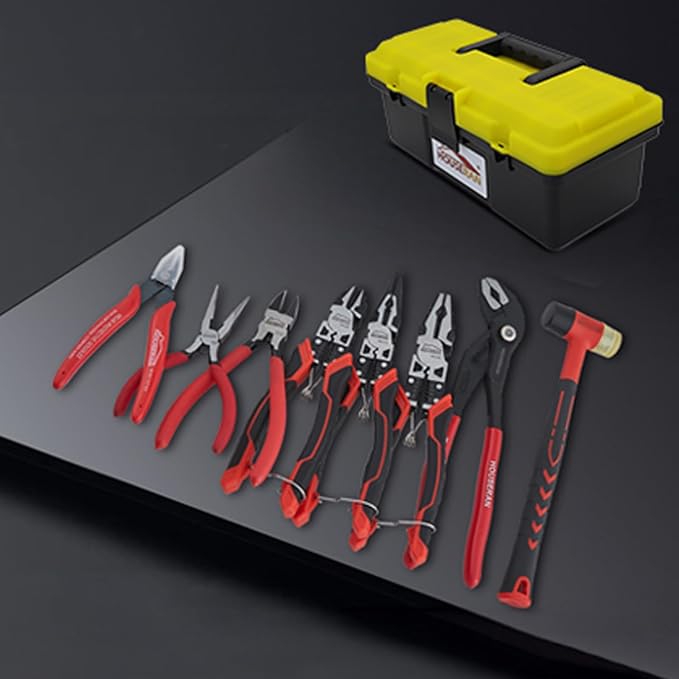 8-Piece Tool Set with Case Including 10” Groove Joint Pliers, 8.3” Long Nose, 8.3” Linesman, 7.5” Diagonal, 6” Flush Cutter, 5” Long Nose, 5” 170 Cutter, 25mm Rubber Mallet for DIY & Home Use