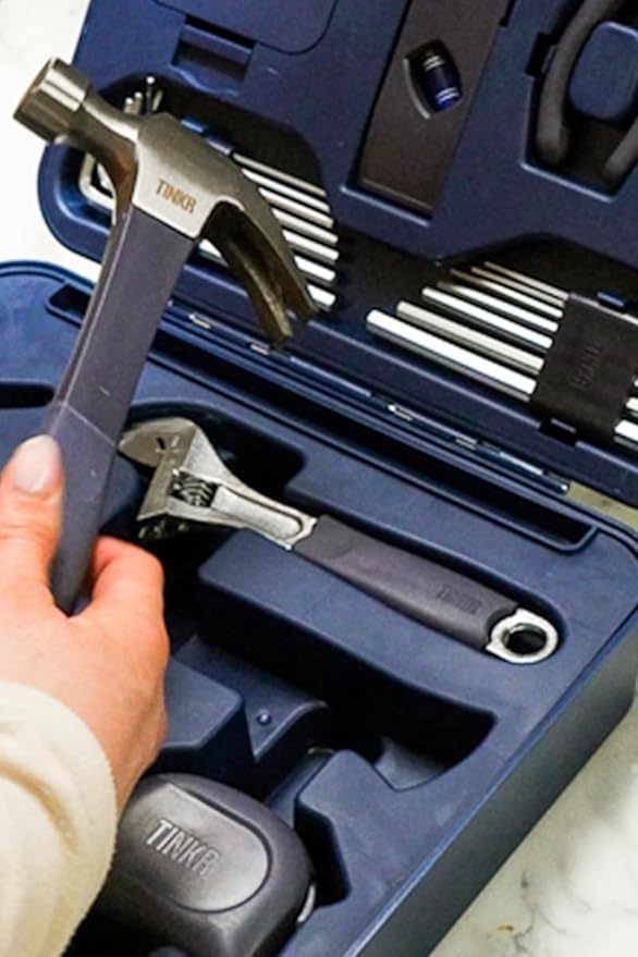 TINKR Modern Tool Box Workstation – Full Tool Set with Hammer, Ratchet Screwdriver, Allen Keys, Wrench, Knife, Tape Measure, Level, Pliers & Phone Holder