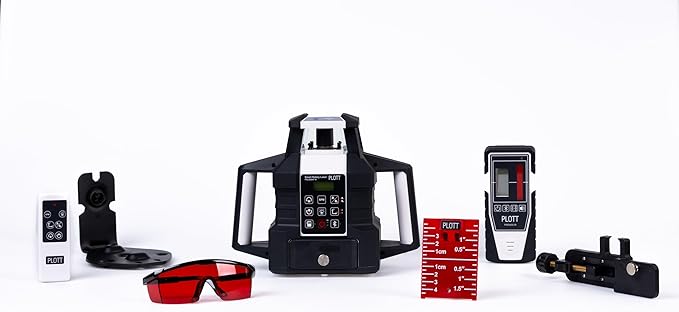 Plott PRL900HT-RK Dual Slope Rotary Laser Level, 2000ft Range, Red Beam, Bluetooth App Control, Self-Leveling 6°, 20hr Battery Life