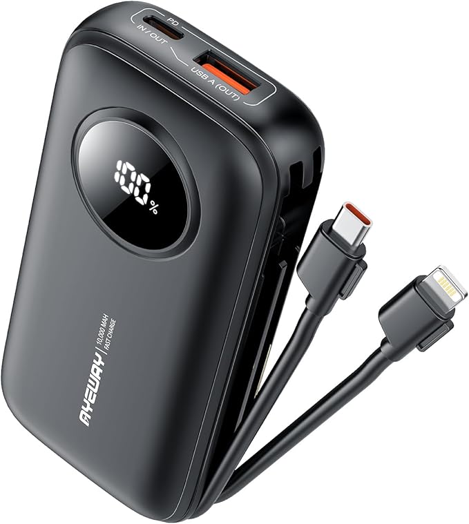 AYEWAY 10,000mAh Mini Portable Charger with Built-in Cable,USB C Fast Charging Power Bank with 4 outputs,External Battery Pack Phone Charger for iPhone,Samsung,Android,5V USB Heated Vest,Heated Jacket