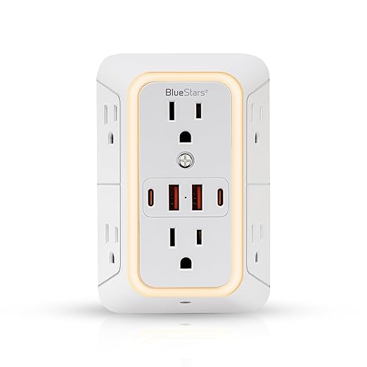 Wall Mount Power Strips Wall Charger 6 Outlet Extender 4 USB Ports (5V, 2.4A, 12W) and Night Light 3-Sided Power Strip with Adapter Spaced Outlets - Multi Plug Outlet Surge Protector for Home Office