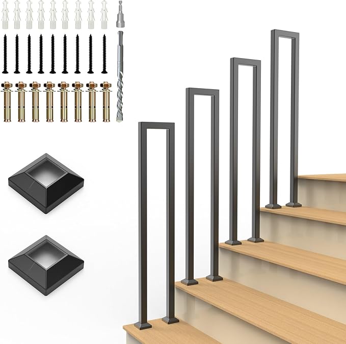 U-Shaped Staircase Handrails for Outdoor & Indoor Steps, Industrial Hand Rail Floor Mounted, Non-Slip Wrought Iron Railing for Porch, Loft, Corridor, Garden (Height: 35.5in) (1 Piece/Set)