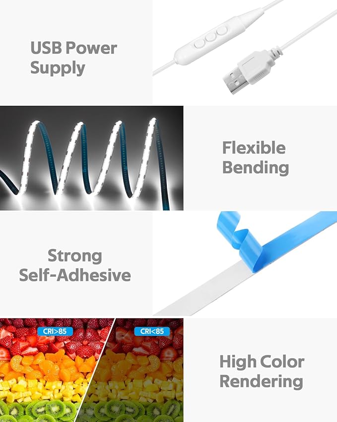 5V USB COB LED Light Strip Dimmable High Density White Light for TV 16.4FT 6000K 320LEDs/M Flexible LED Strip Lights USB Powered with Self -Adhesive for Bedroom Mirror TV Backlight Decor 5M