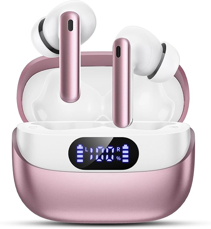 Wireless Earbuds, 42H Playtime Bluetooth 5.3 Headphones, HiFi Stereo Call Noise Cancelling Earbuds, IPX7 Waterproof Stereo in-Ear Earphones with LED Display for iOS Android (Elegant Rose Gold)
