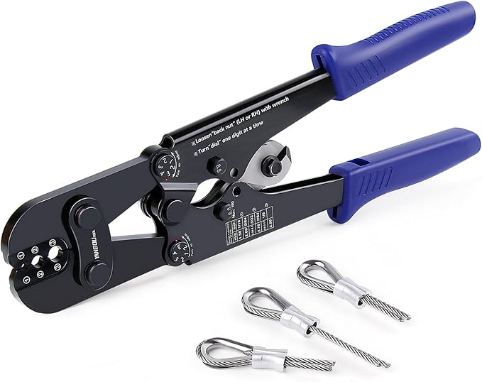 Yangoutool Wire Rope Cutting and Crimping Tool Sheet Metal Crimper Swaging Tool for Aluminum Oval and Double Barrel Stop Ferrule Loop Sleeves 1/16 to 1/8 Inches Cable End Hanging Ring Fixing Plier