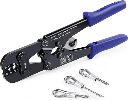 Yangoutool Wire Rope Cutting and Crimping Tool Sheet Metal Crimper Swaging Tool for Aluminum Oval and Double Barrel Stop Ferrule Loop Sleeves 1/16 to 1/8 Inches Cable End Hanging Ring Fixing Plier