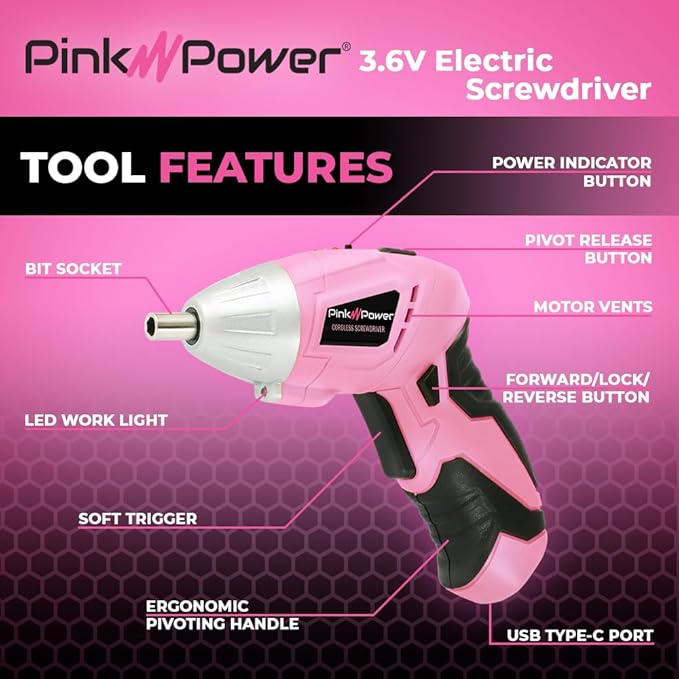 Pink Power 3.6 Volt Electric Screwdriver Cordless Rechargeable Screw Gun & Bit Set for Women - Cordless Screwdriver LED light, Battery Indicator and Pivoting Head - Small Power Screwdriver