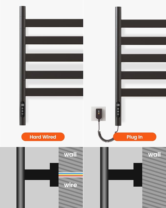 Smart Heated Towel Rack, Black, Stainless Steel, Wall-Mounted, 16.46"L x 16.46"W x 26.57"H, Alexa Compatible, WiFi Remote Control, Touch Panel, 110V, IPX5, Hardwired & Plug-in