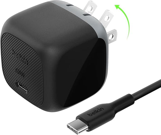Belkin USB C Charger Block 65W - USB C Cable Included - Super Fast Charging, Type C Wall Charger - Apple iPhone 16/15/14/13, Galaxy S25, Pixel 9, MacBook, iPad, Nintendo Switch 2, & More - Black