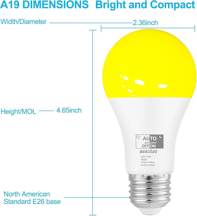 Dusk to Dawn Bug Light Bulbs Outdoor, 1900K Amber Yellow, 800 Lumen, LED 12W, A19 E26, 2-Pack, HQ-H019