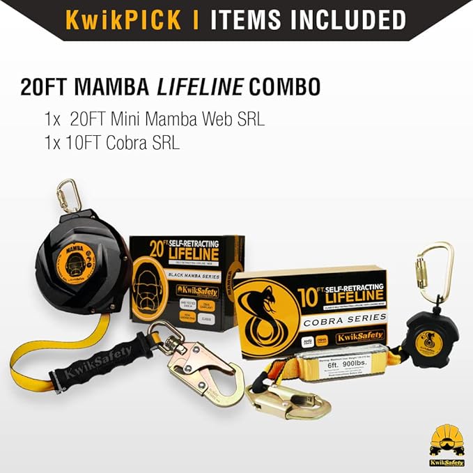 KwikSafety - Charlotte, NC - Mamba 20’ [SRL Combo] Self Retracting Lifeline Carbonate Lightweight Housing Class 1 Web SRL ANSI OSHA Retractable Fall Arrest Roofing Construction