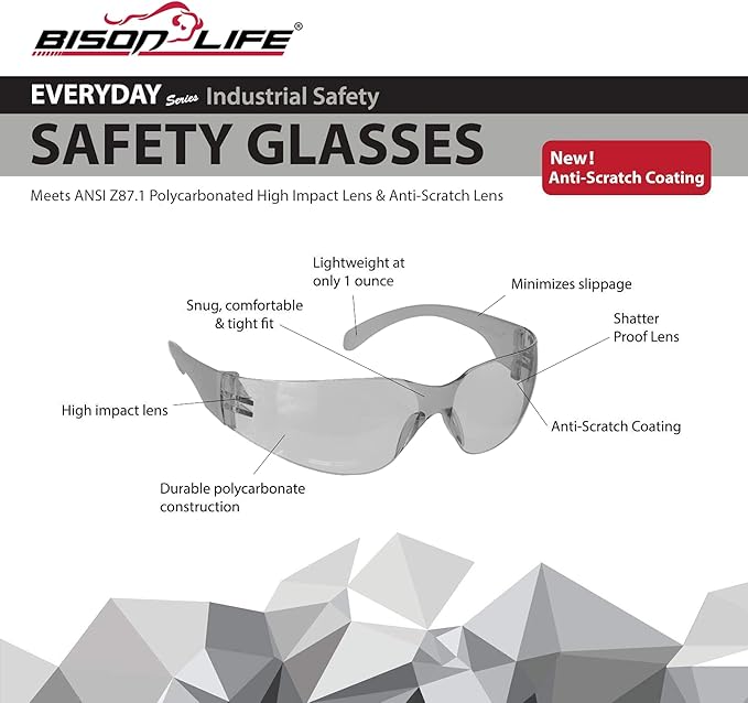 BISON LIFE Safety Glasses - Scratch Resistant Wrap Around Eyewear, Polycarbonate ANSI Z87.1 Impact Resistant Lens