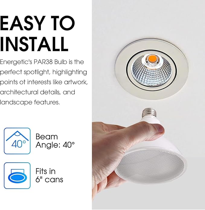 Energetic PAR38 LED Flood Outdoor Light Bulb, 6000K Cool Daylight, 90 Watt Equivalent (11W), Wet Rated, 900LM, E26 Base, Non-Dimmable, ETL, 6 Pack