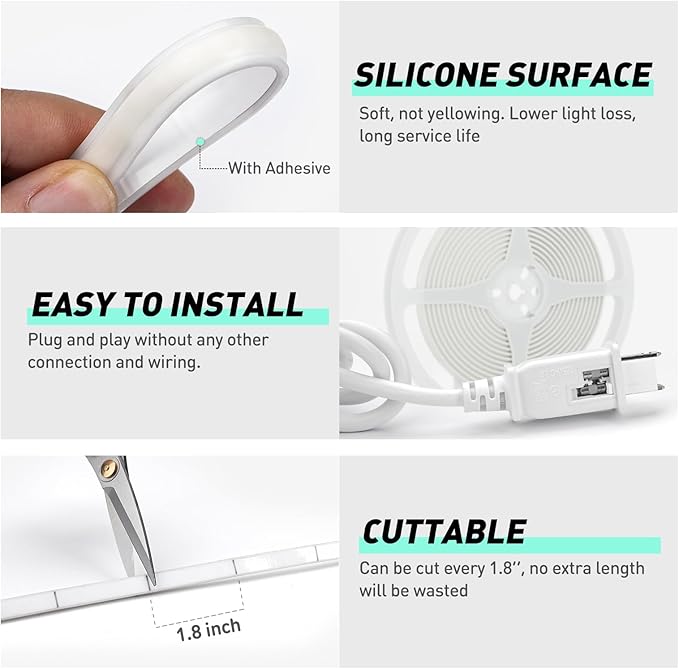 GZBtech Silicone COB Neon Rope Lights 33FT/10M, 2800K Super Bright Warm White Waterproof Neon Strip Light, AC 110-120V Flexible Soft Cuttable Tape Rope Lighting for Indoor Outdoor Home Commercial