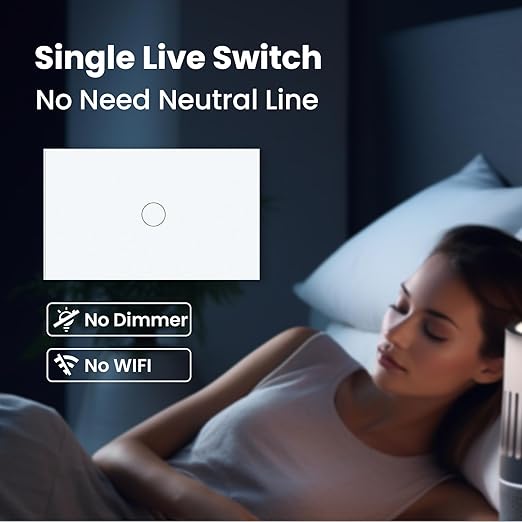Light Switch No Neutral Wire,Single Live Wire Light Switch No WiFi,Tempered Glass Panel,Total Power Maximum 1000W,FCC Certification,White 1 Gang