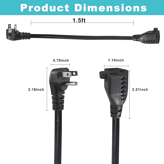 SPARKING 1.5FT Short 3Prong Extension Cord - 90 Degree Flat Wall Head Short 3 Prong Grounded Power Extension Cord,16AWG SJT 125V 13A AC Black Indoor Small Appliance Electrical Power Cable [5 Pack]