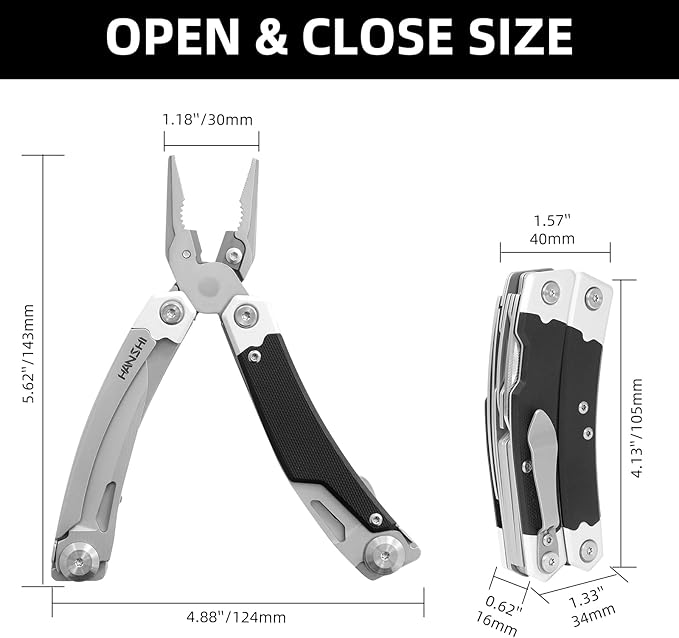 HANSHI G10 Handle Multitool Pliers with YG10 Tungsten Steel Replaceable Wire Cutters 12 in 1 Multi Tool Pocket Knife with Safety Lock,Saw,Bottel Opener for Camping,Survival with Nylon Sheath (black)