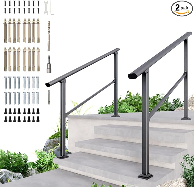 DIYHD 4 Step Handrail for Outdoor,Powder Coated Iron Stair Railing,Black Hand Rails for Indoor, Porch,Deck,2 Pack