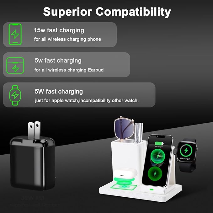 White Leather Pen Holder Desk Organizer with 3-in-1 Wireless Charger for Phone, Earbuds, Watch - Desktop Phone Stand,birthday gifts for women,mom gifts (white)