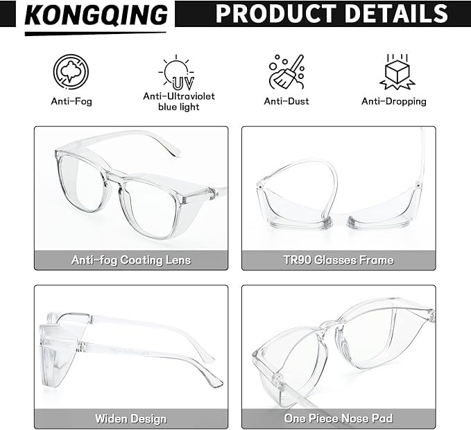 Safety glasses Goggles Nurses Protective Eyewear - Anti Fog Square Frame Stylish Clear Glasses for Women Men