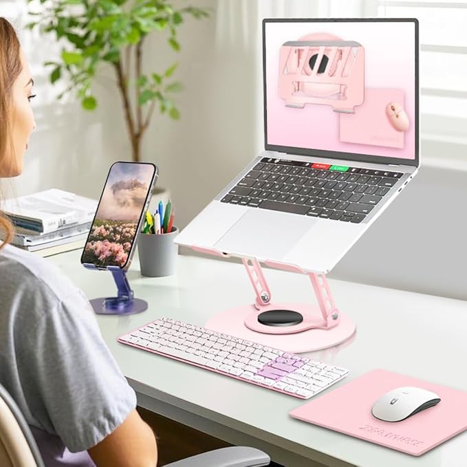 360° Rotating Adjustable Laptop Stand Perfect for Work, Painting,Office,Travel,Home,Fits MacBook & Laptops up to 13-15",Dual Rotary Shaft,Folding Design-Pink(Free Mouse pad)