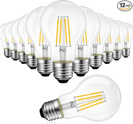LVWIT A19 LED Vintage LED Filament Bulb E26 Base Dimmable 7W (60W Equivalent)，2700K Warm White 800 Lumens，Omnidirectional, UL-Listed, 12PCS