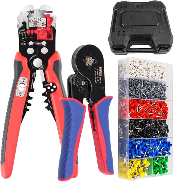 HKS Ferrule Crimping Tool Kit - Square Ferrule Crimper Plier (AWG 23-7) with Muti-use Wire Stripper & 1900pcs Wire End-Sleeves Terminals Kit in Box