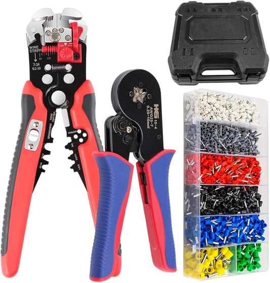 HKS Ferrule Crimping Tool Kit - Square Ferrule Crimper Plier (AWG 23-7) with Muti-use Wire Stripper & 1900pcs Wire End-Sleeves Terminals Kit in Box