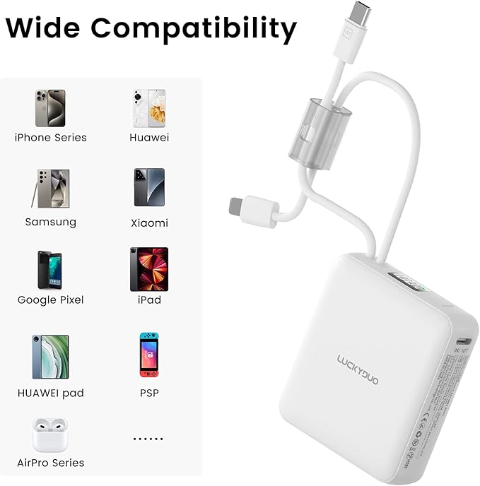 LUCKYDUO Small Portable Charger, Fast charging 22.5W Slim Power Bank 10000mAh with Built-in Cables, LED Display USB-C Mini Battery Pack Travel Essential, Compatible with iPhone, Samsung,Android, White