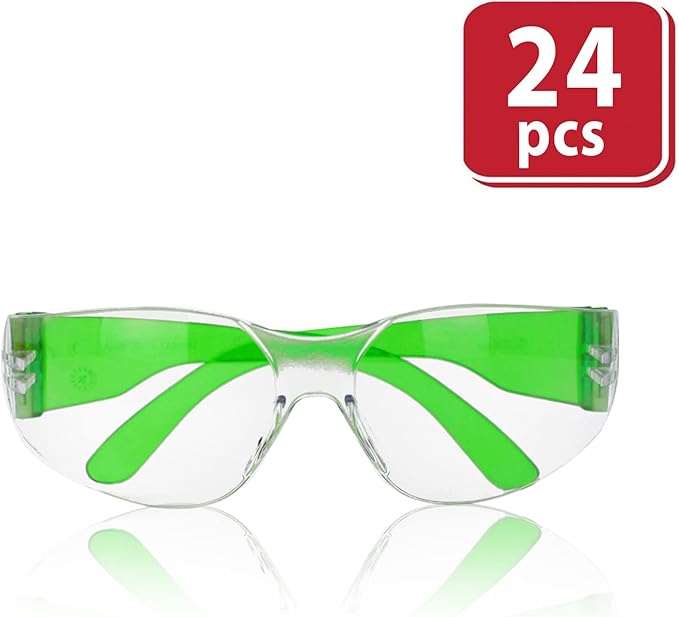 BISON LIFE Clear Lens Green Temple Safety Glasses BULK Case Pack 24 Pairs | ANSI Z87, Impact & Scratch Resistant, Clear Safety Glasses for Men and for Women, One Size, Adult, Youth